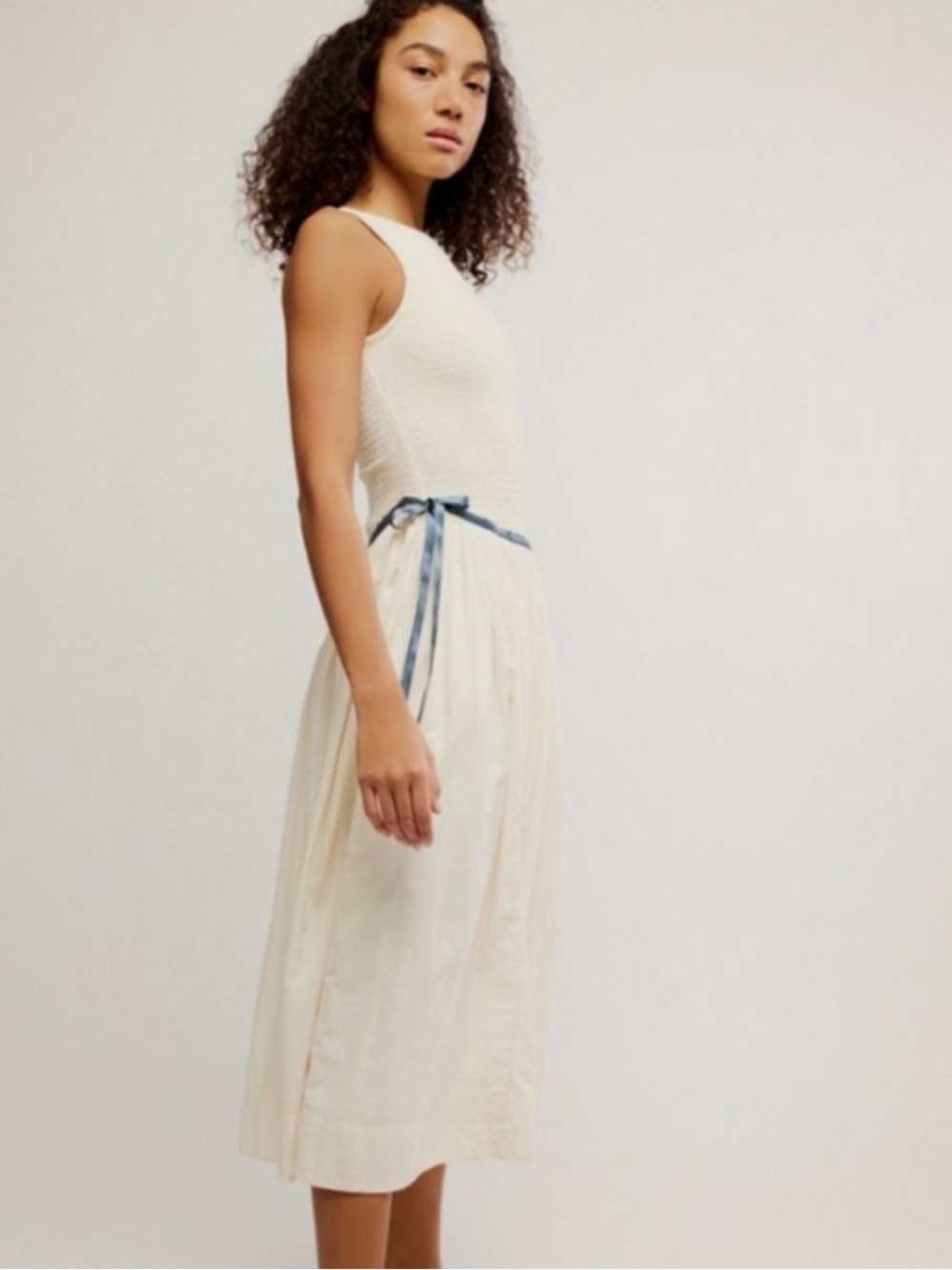NWOT Free People Nightingale Solid Midi Dress with Navy Tie - Picture 2 of 13